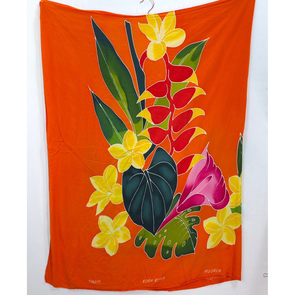 Sarong Tropical Floral Wrap Orange Tahitian 44 X 64 Resortwear Beachy Cover Up